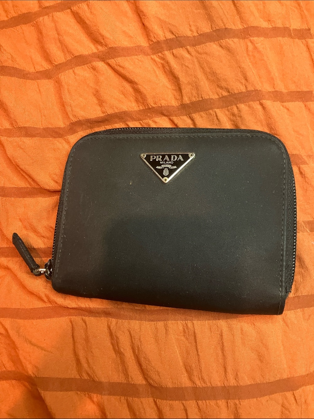 Prada Black Nylon Zip Around Coin Wallet with Silver Triangle Logo